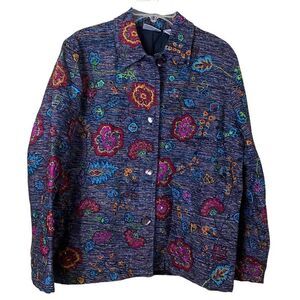 Vintage Chico's Design Silk Blend Embroidered Button Down Jacket Size 1 Medium